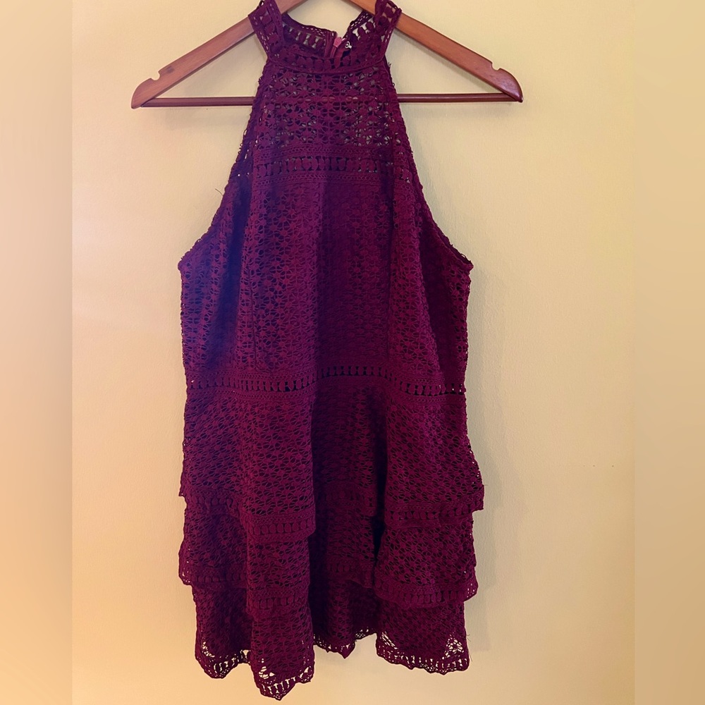 NWT.  Sleeveless Burgundy Short Dress. Mesh detail. Size 14.